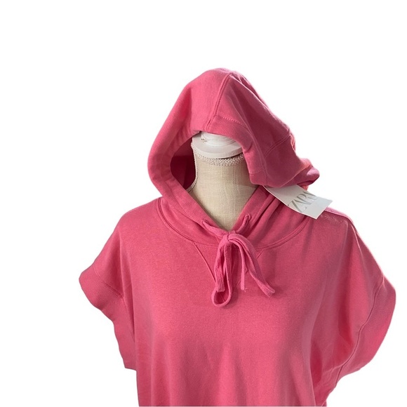 Zara Women Pink Short Sleeve Hooded Sweatshirt Sz L Cotton Swimsuit Cover Up NWT - Picture 3 of 16
